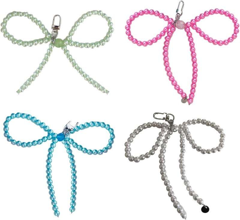 White Beaded Bowknot Phone Pendant Fashion Mobile Phone Bag Charm Decor - Image 3